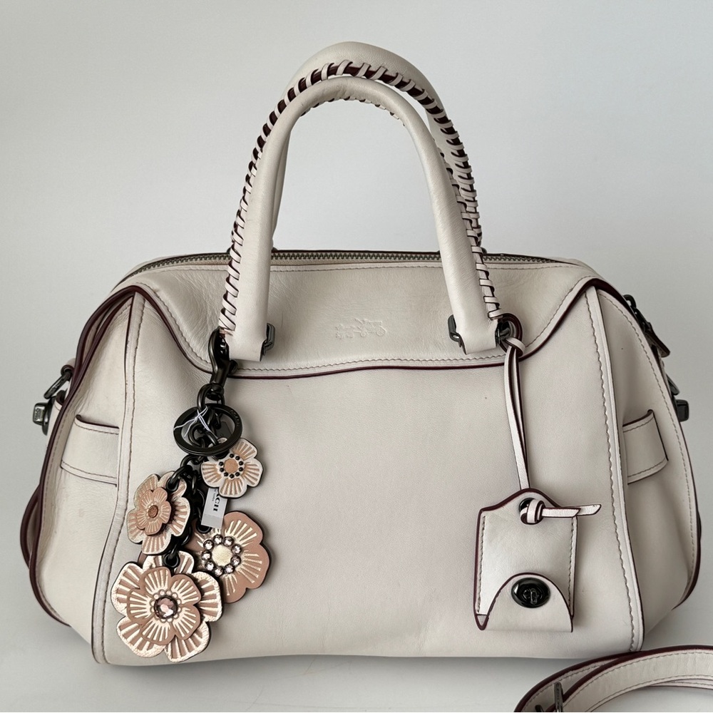 Coach Cream Leather Satchel with Brown Trim and Floral Charm